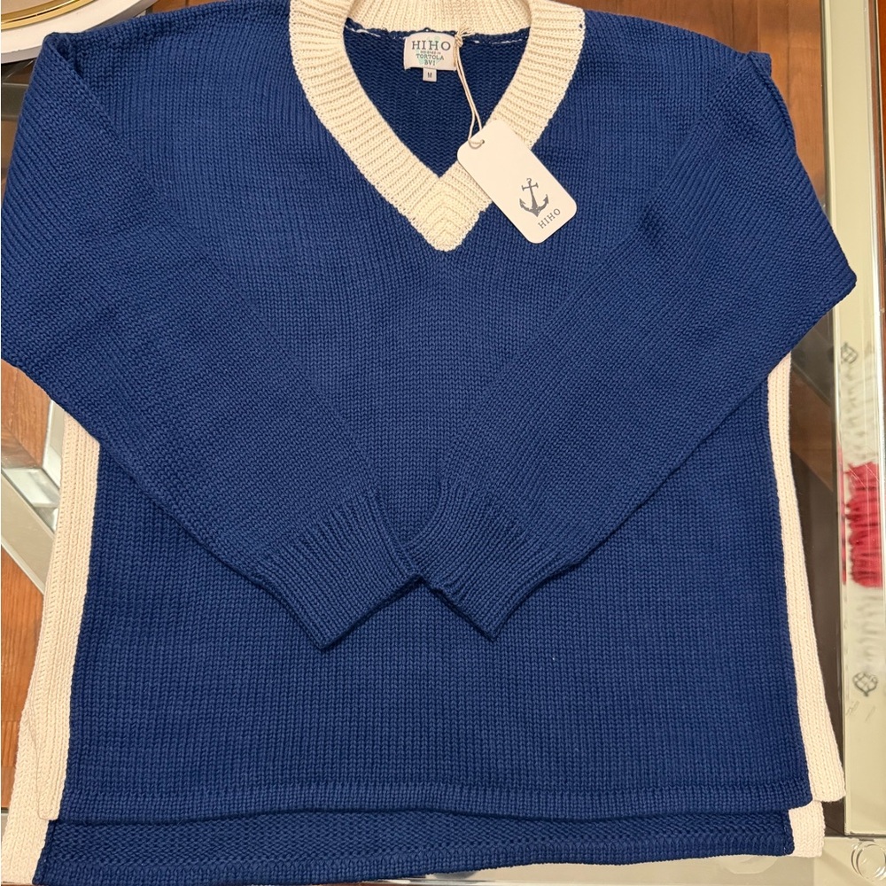 Hiho Men's Royal Blue V-Neck Sweater with Cream Trim